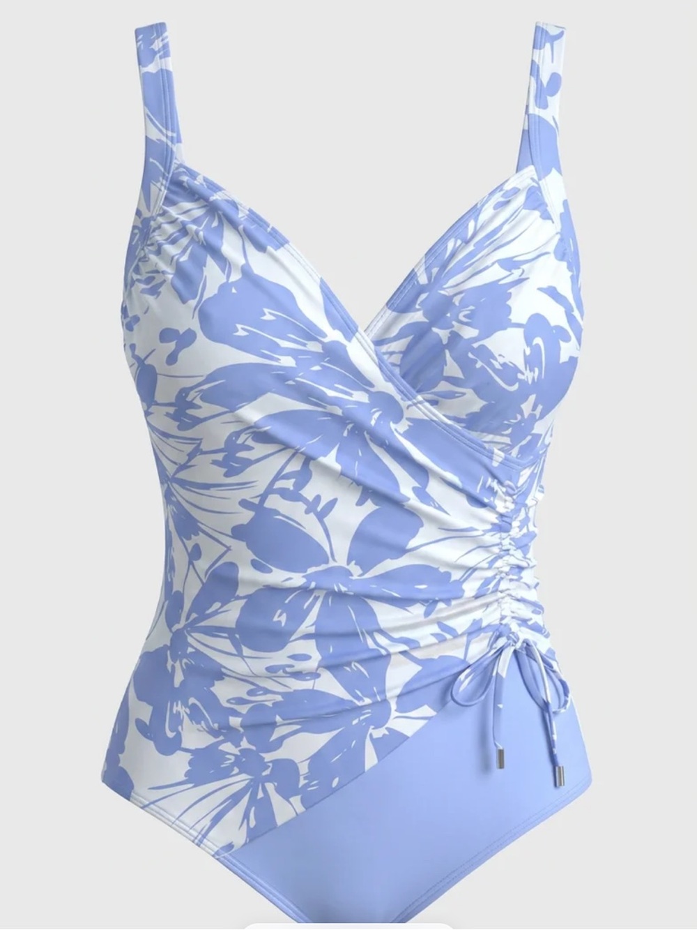 Floral Wrap One-Piece Swimsuit in Light Periwinkle Blue and White